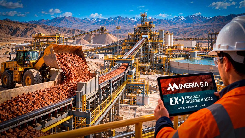 Minero sostiene una tableta con los logos de Minería 5.0 y Excelencia Operacional